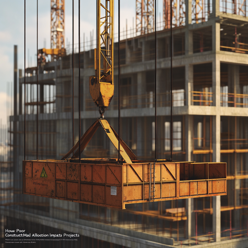 Construction crane lifting materials at a building site, illustrating the importance of proper construction material allocation in maintaining project timelines and quality