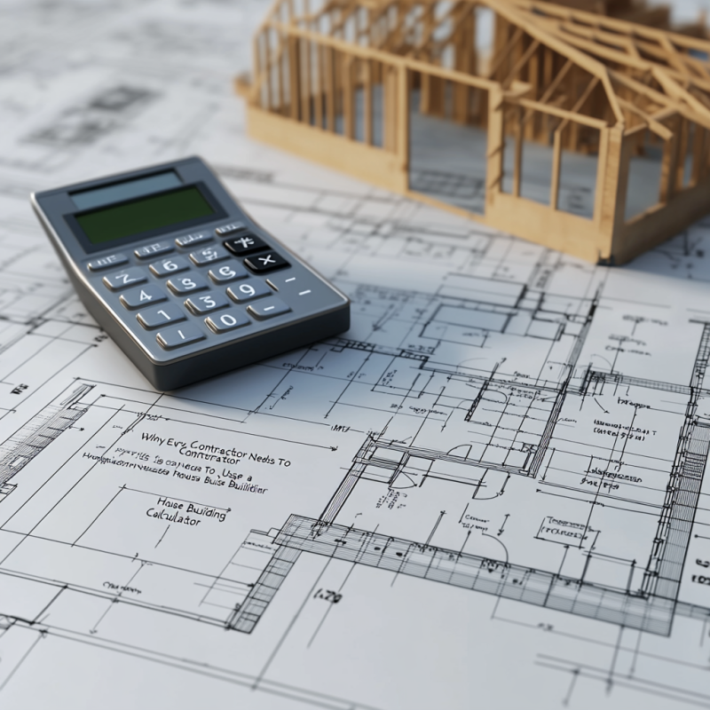 Calculator and architectural blueprints displayed alongside a partially constructed model house, emphasizing the importance of precise calculations in construction.