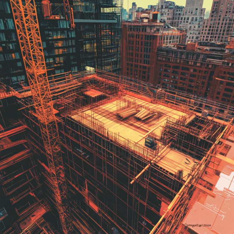 An aerial view of a construction site with scaffolding and cranes, highlighting the importance of predictive analytics in construction estimating software for accurate project management