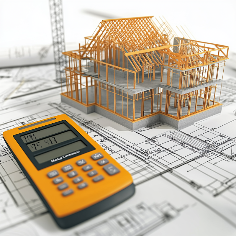 Calculator and a detailed house construction model on blueprints representing precise markup calculations for construction projects