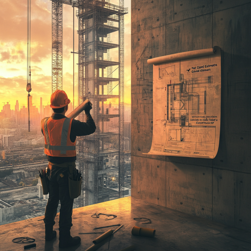 Construction worker analyzing blueprints in a high-rise building under construction at sunrise, with cranes and city skyline in the background.