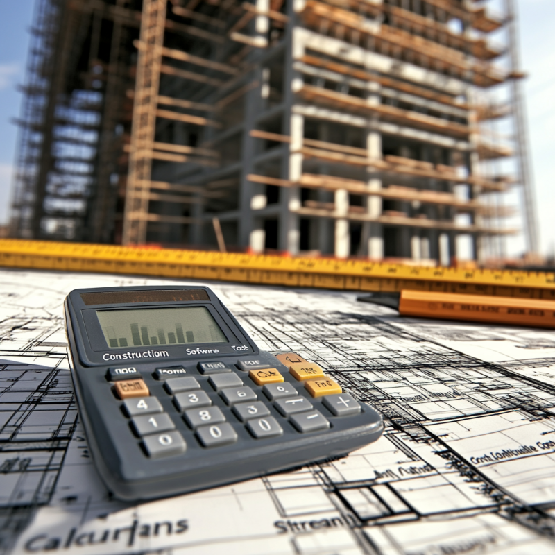 Calculator on construction blueprints with a building under construction in the background.
