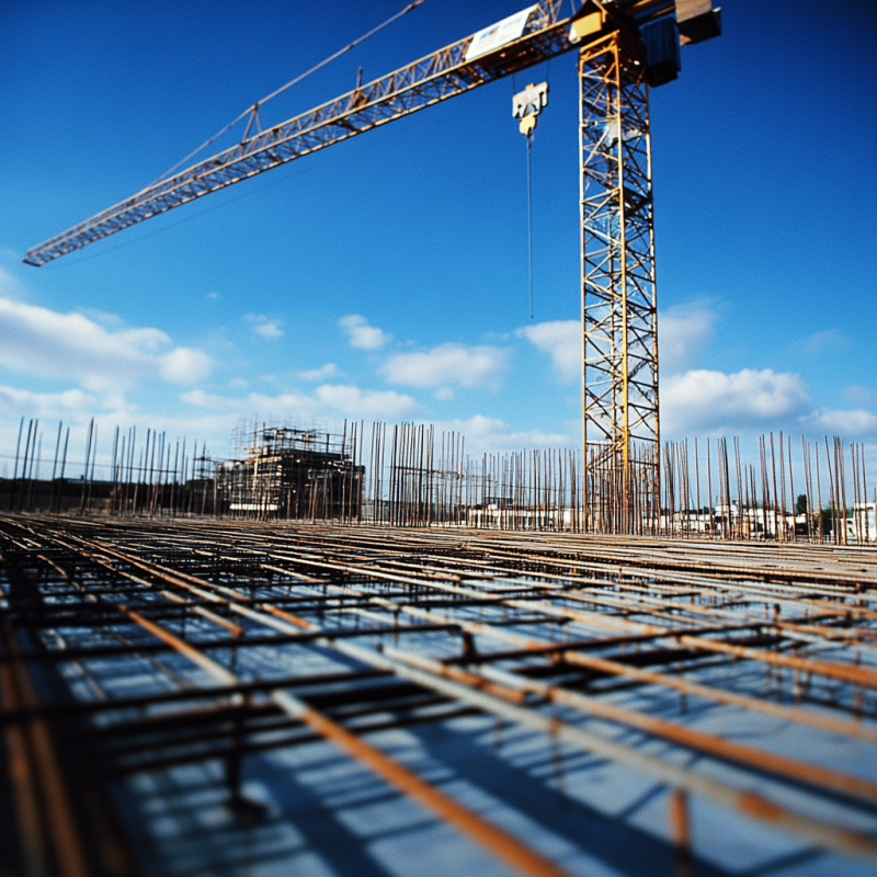 A construction site with a crane in the background, focusing on rebar and structural foundations, symbolizing the importance of cost management in the construction industry.