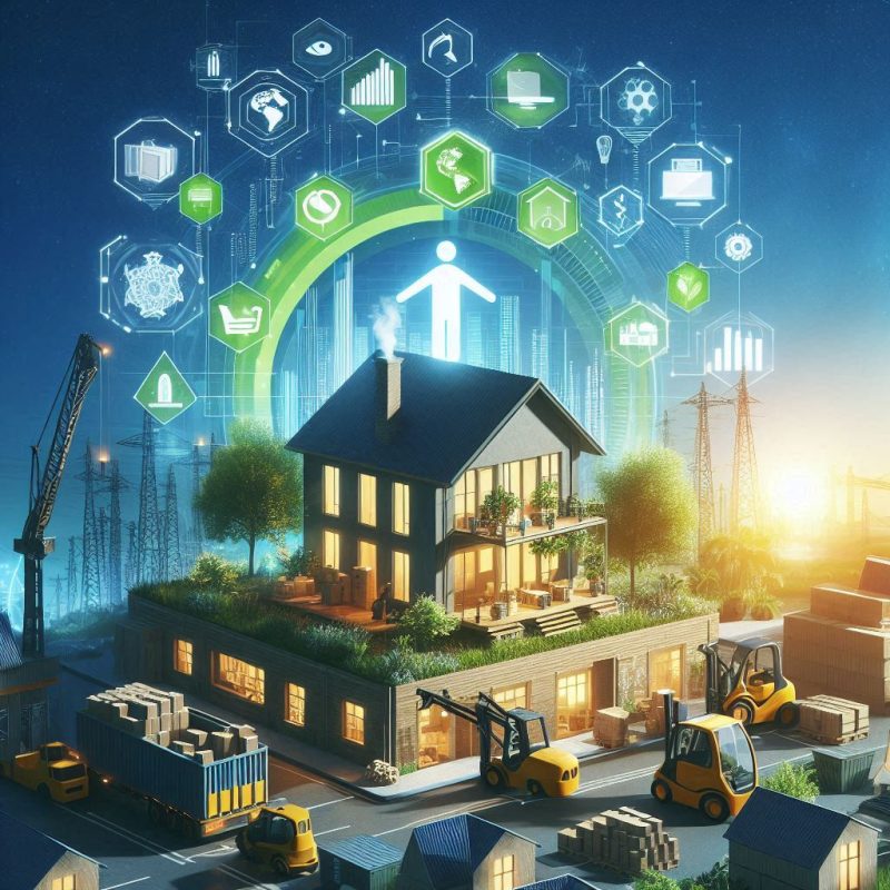 A modern construction site using eco-friendly materials and technologies, showcasing digital tools and sustainable practices for efficient building supply tracking