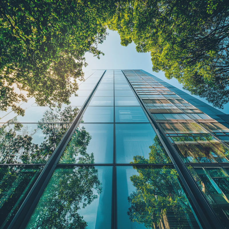 Modern glass building surrounded by trees symbolizing sustainable construction and eco-friendly design