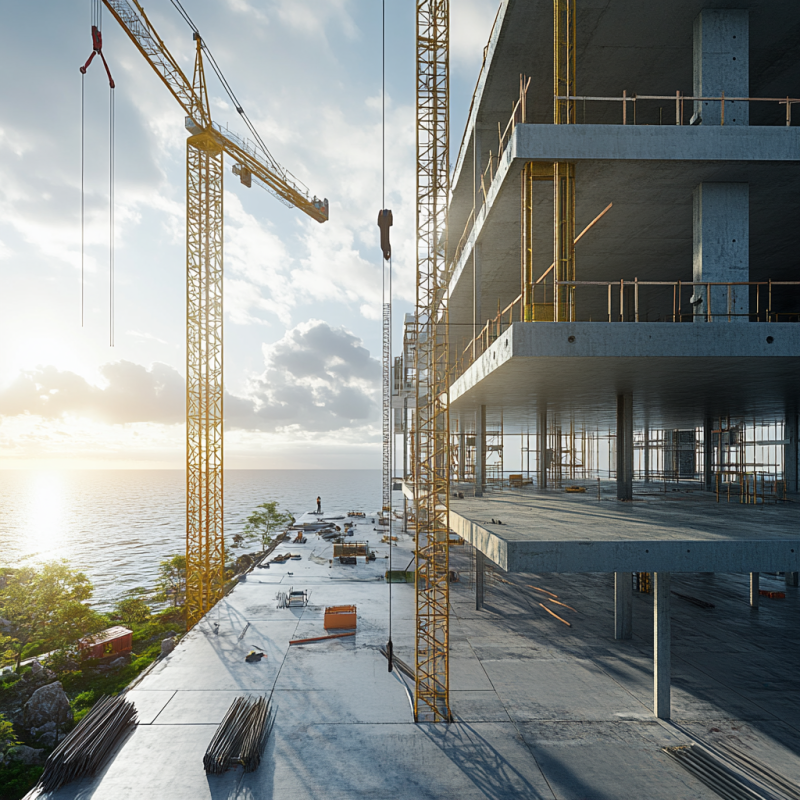 Construction site with cranes and partially built structures near the water, representing sustainable construction practices using advanced software tools.