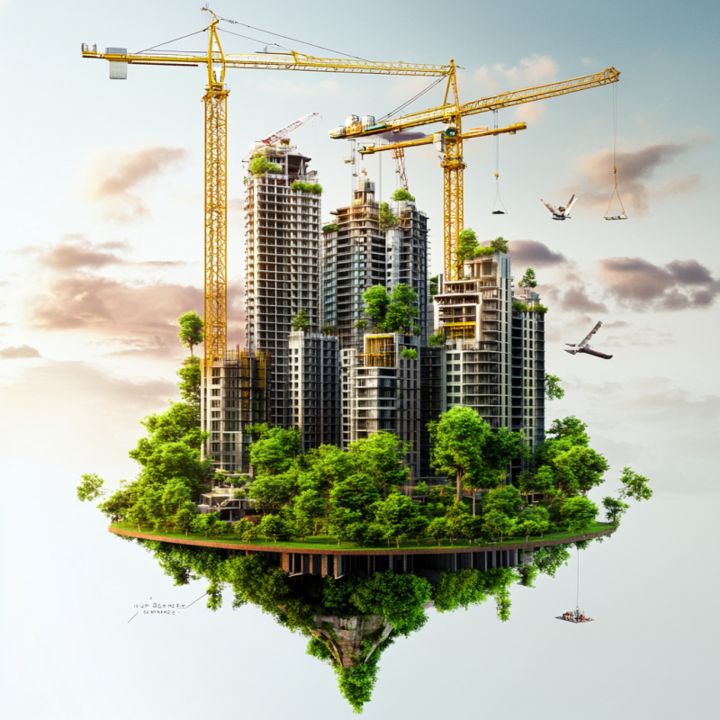 Eco-friendly skyscrapers under construction with cranes, surrounded by greenery, representing sustainable building practices