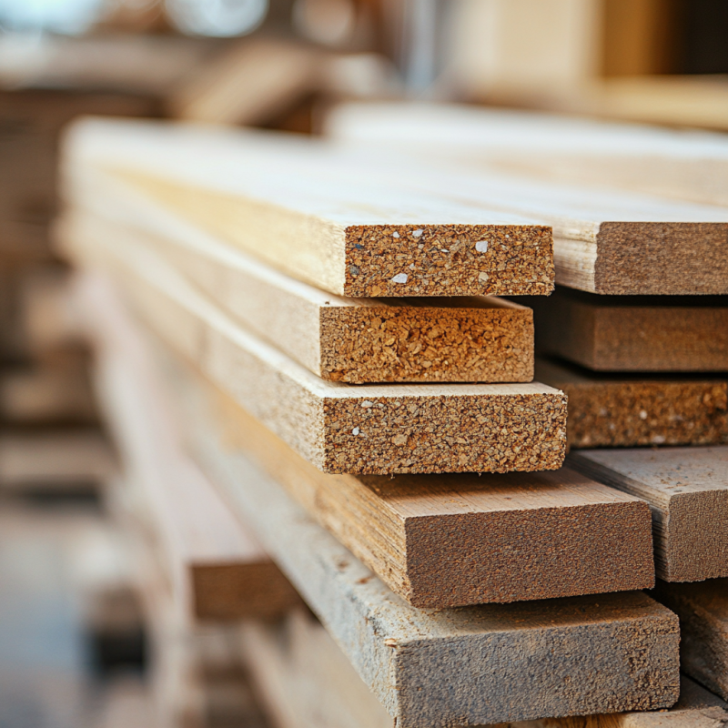 Stack of sustainable building materials including wooden planks and eco-friendly alternatives for small construction projects.