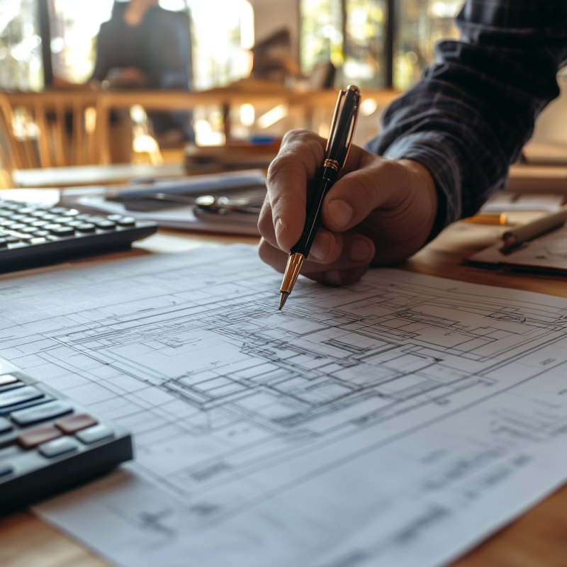 Construction professional reviewing building plans and estimates at a desk with blueprints, a pen, and a calculator
