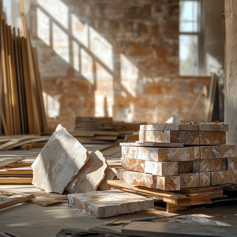 Construction site with eco-friendly materials sourced using digital tools, showing stone tiles stacked and prepared for sustainable building projects
