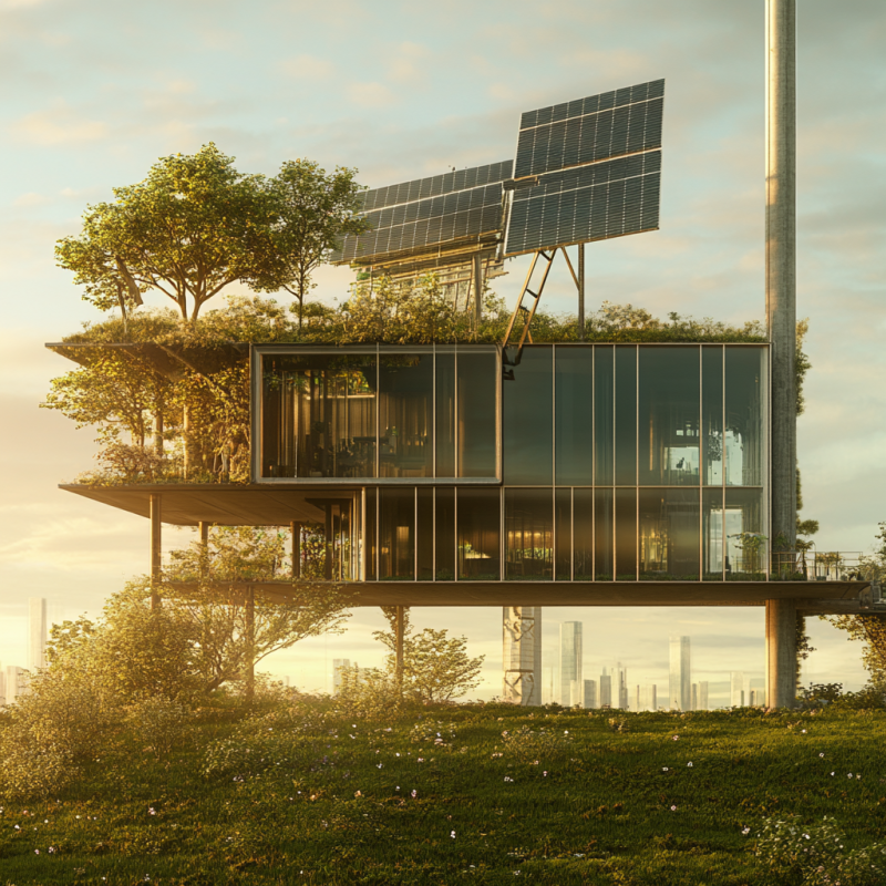 Modern sustainable building design with integrated solar panels and rooftop greenery, representing eco-friendly construction practices