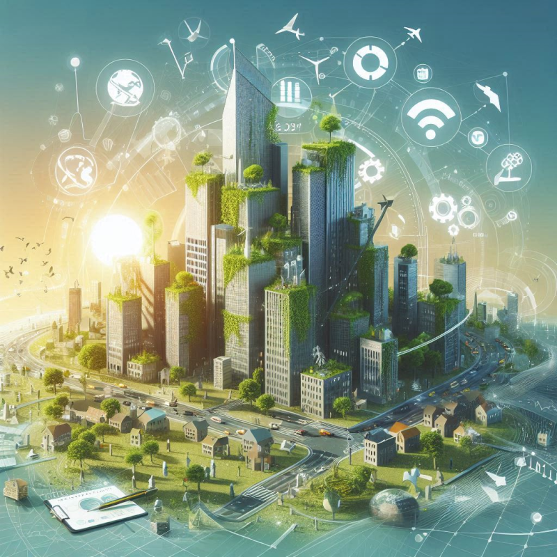 A futuristic city skyline integrating sustainable technologies and green building practices, with eco-friendly icons overlaying the scene.