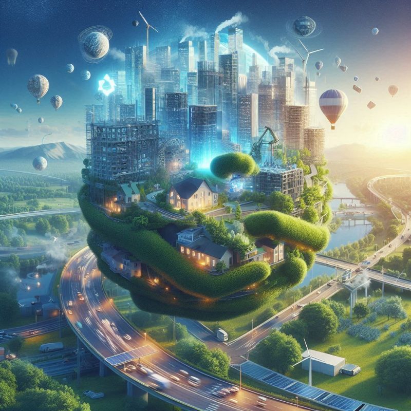A futuristic cityscape with eco-friendly skyscrapers surrounded by greenery, representing sustainable construction and innovation in green building technologies.