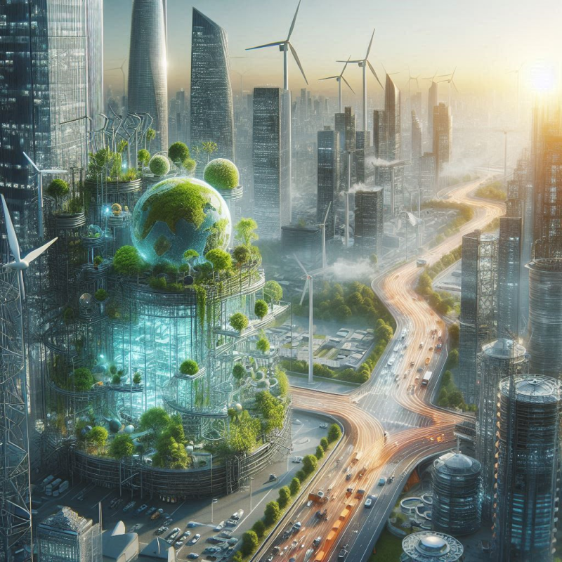 Futuristic city with eco-friendly skyscrapers, wind turbines, and green energy innovations blending nature with urban architecture.