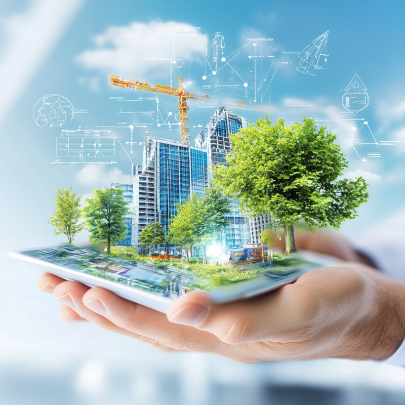 A digital representation of eco-friendly construction with green trees, sustainable buildings, and a crane, all emerging from a tablet held in a hand, symbolizing the integration of technology and sustainable construction practices.