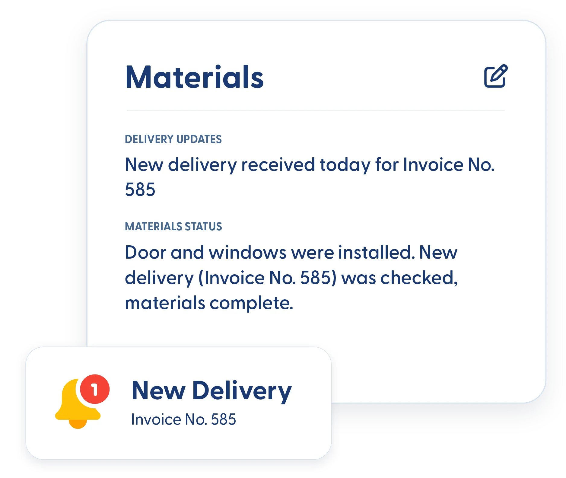 Material delivery update shown to the project team