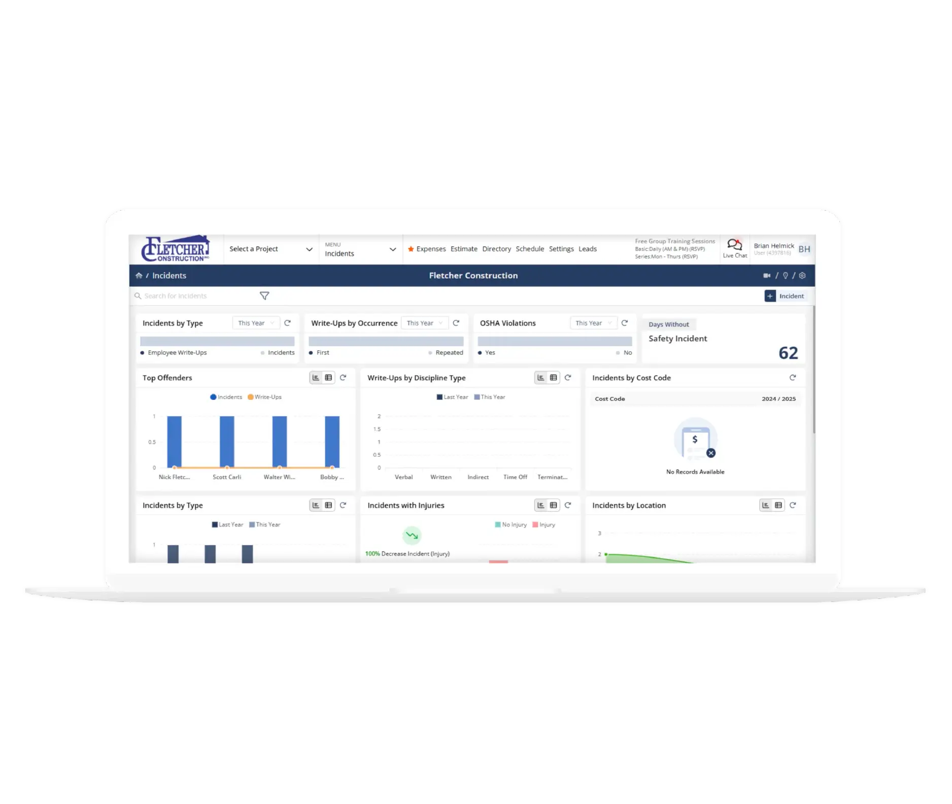 Contractor Foreman incident reports screen