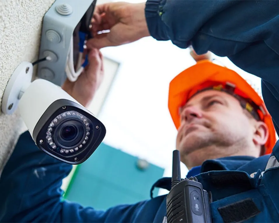 Security camera installation with technician on site