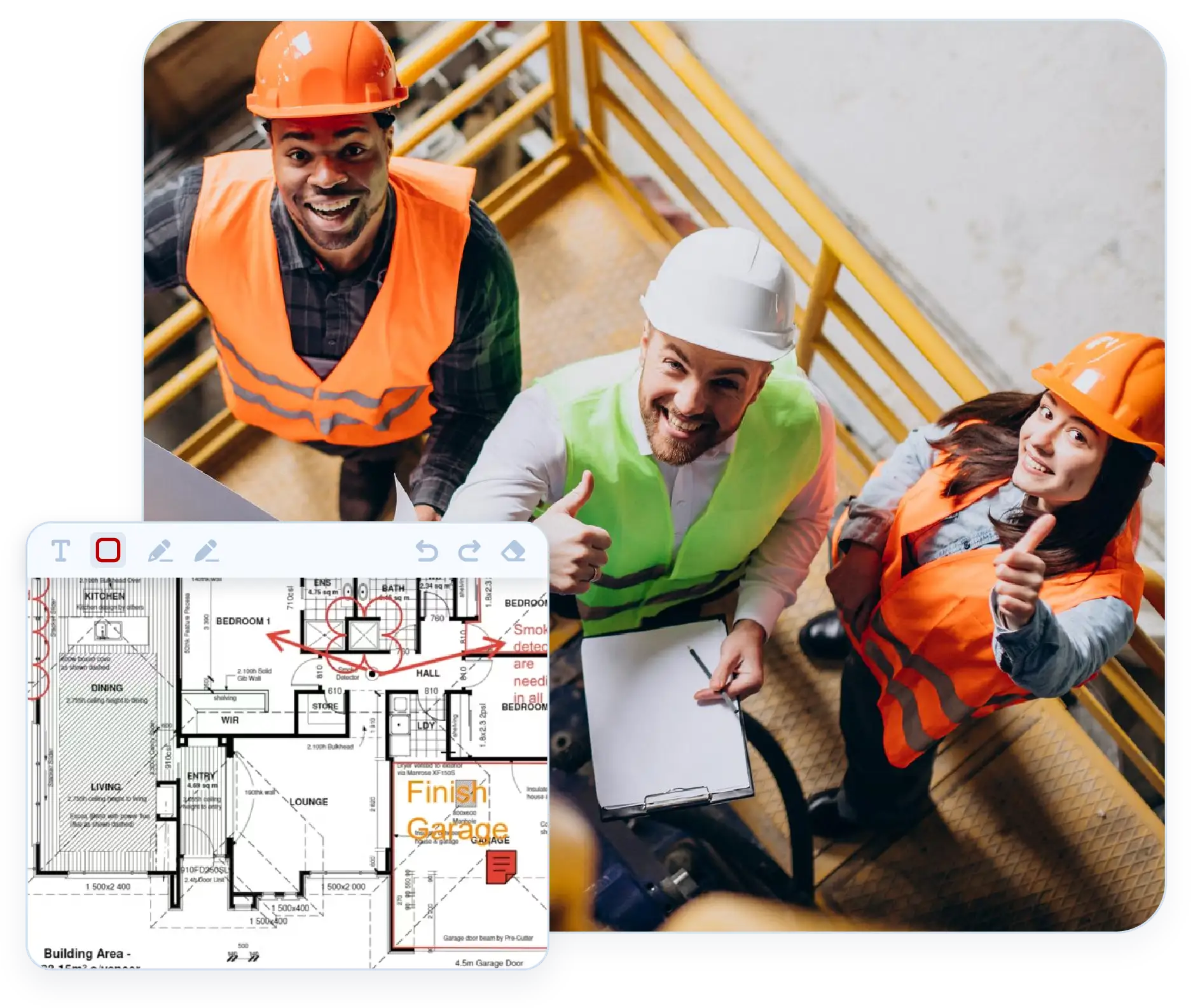 Construction crew reviewing floor plans on site