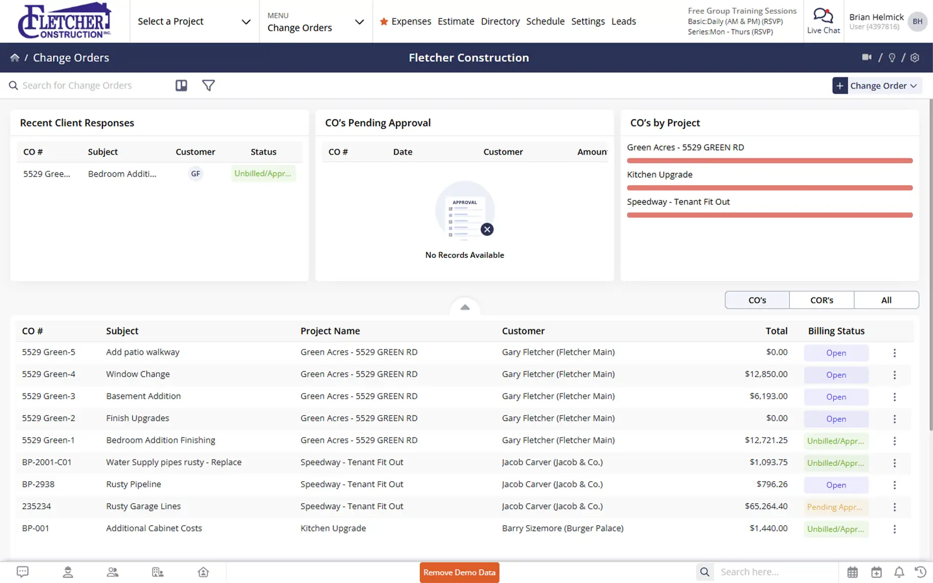 Contractor Foreman change orders screen