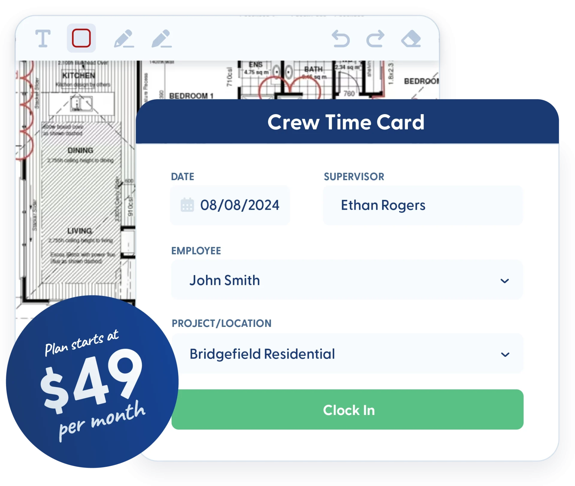 Entering card details to start a Contractor Foreman plan at $49 per month