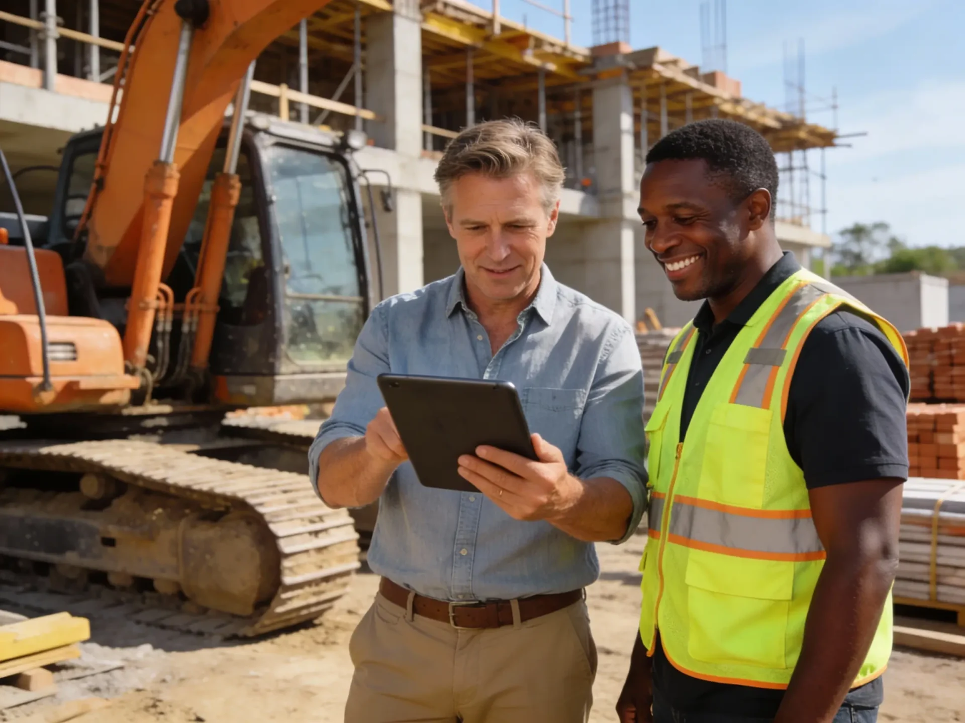 Contractor in a hi-vis vest using a tablet at a lumber yard