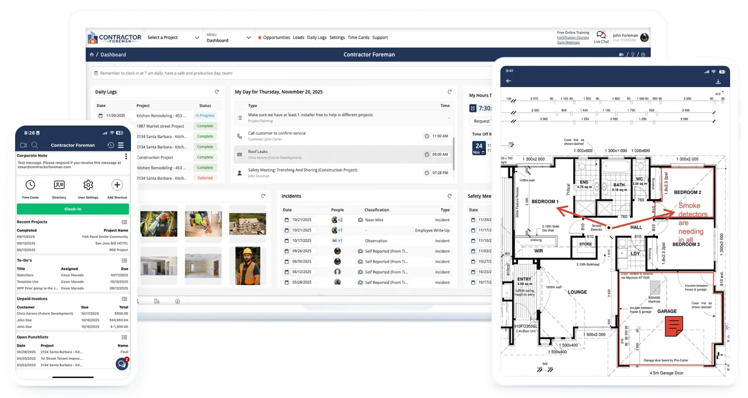 Contractor Foreman construction management software shown on a laptop and phone