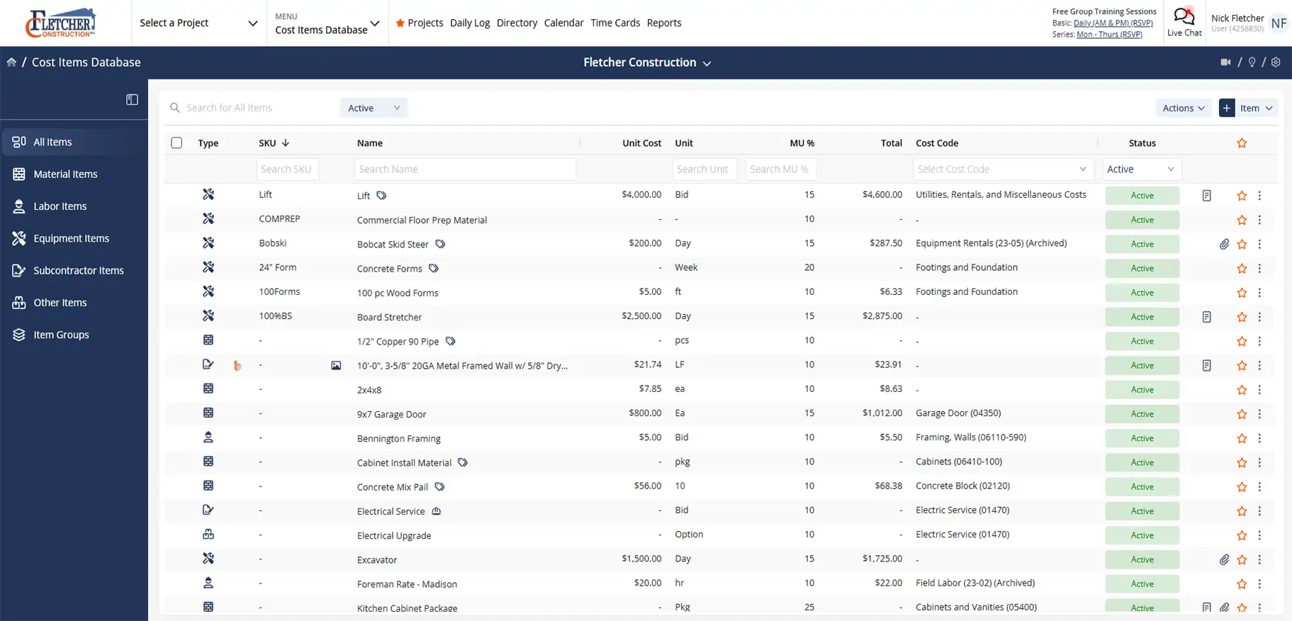 Close-up of cost tracking in Contractor Foreman