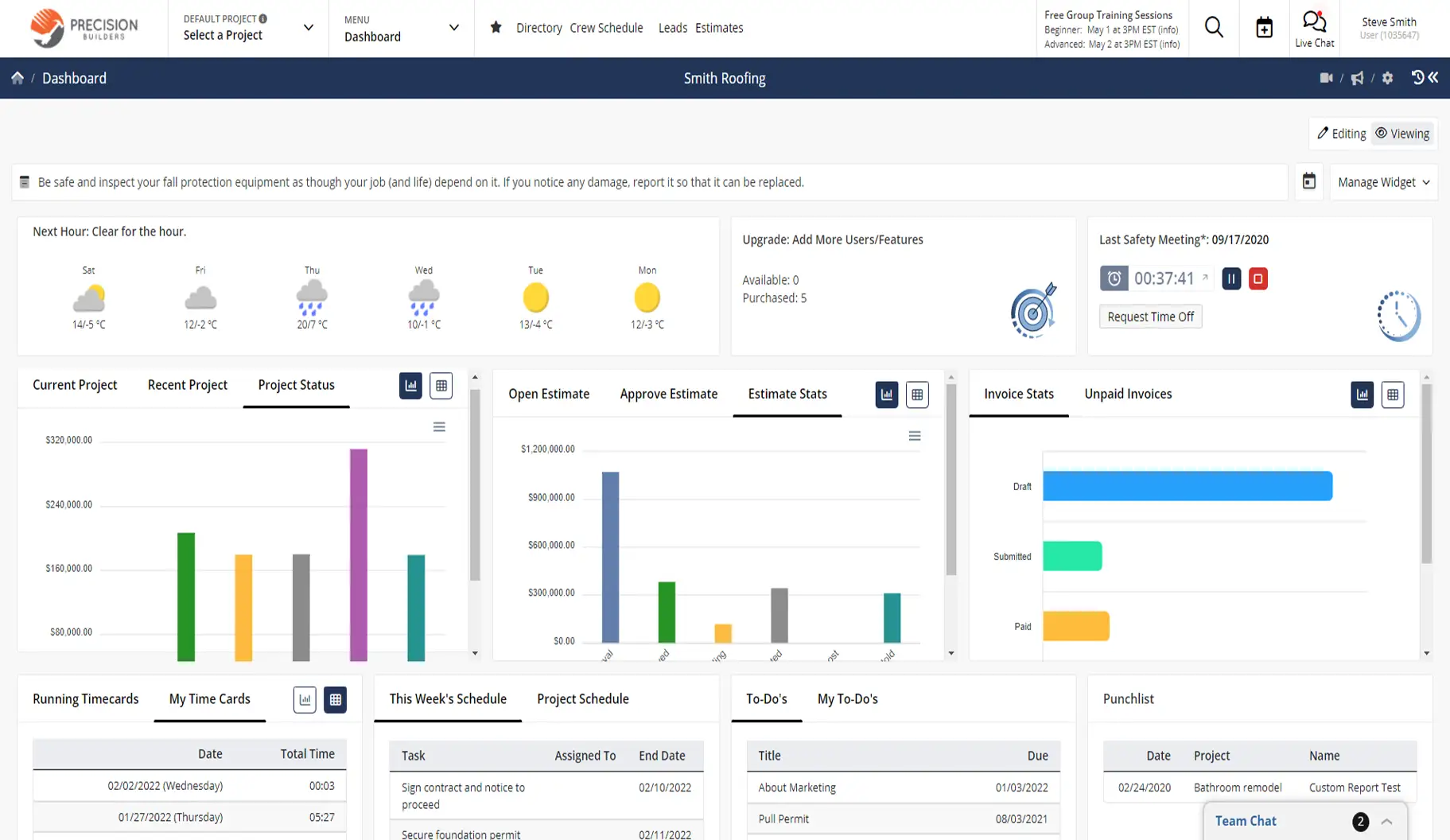Contractor Foreman dashboard screen