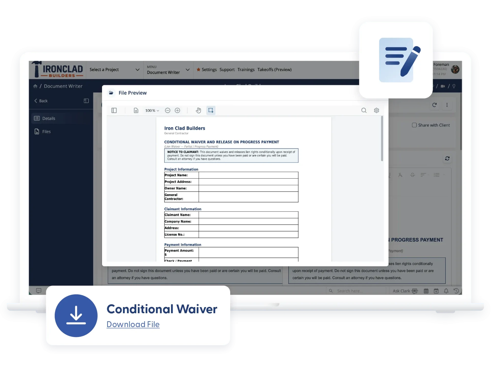 Close-up of document management in Contractor Foreman