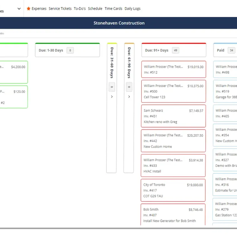 Detailed project data table in Contractor Foreman