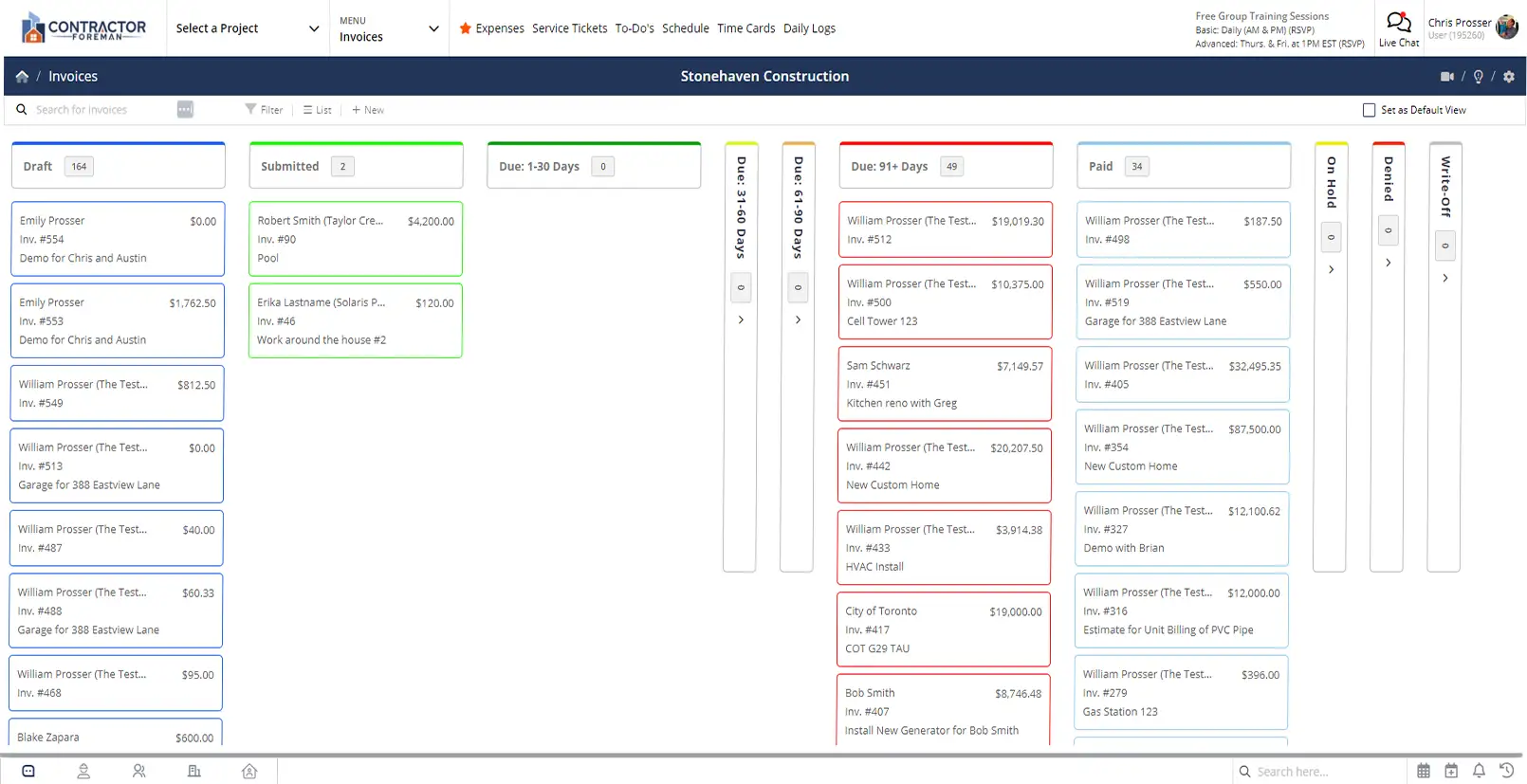 Detailed project data table in Contractor Foreman