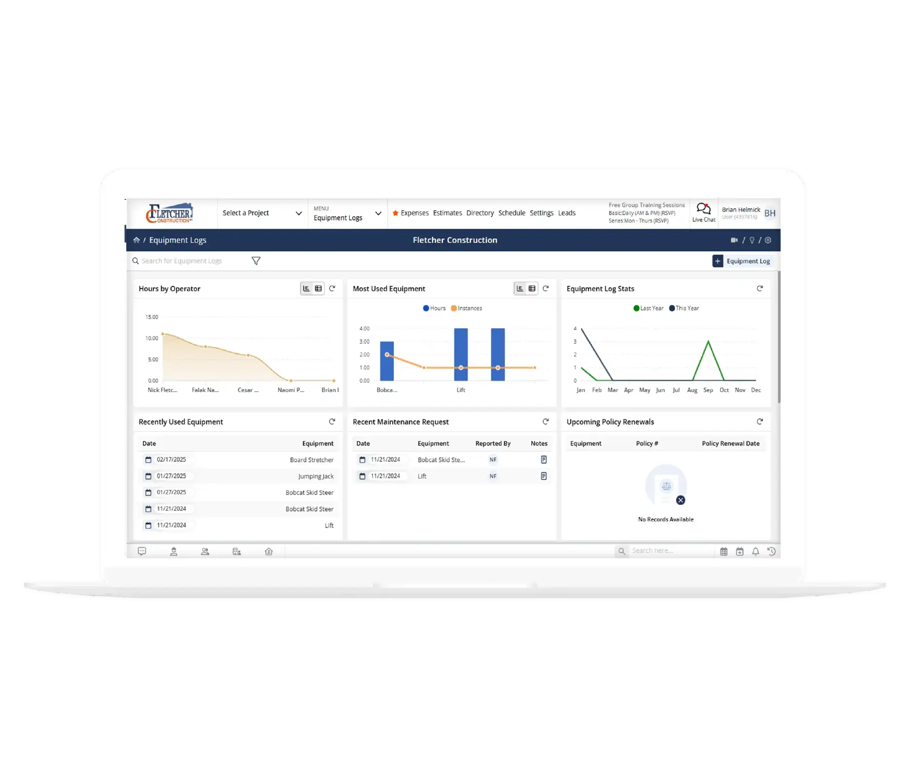 Equipment records listed in Contractor Foreman