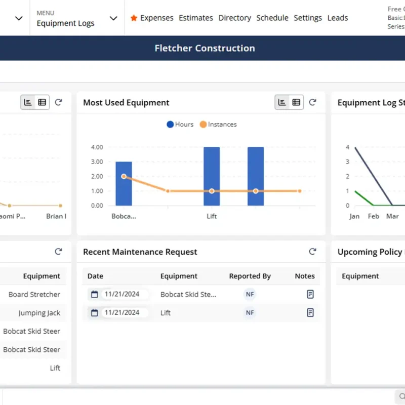Contractor Foreman equipment logs screen