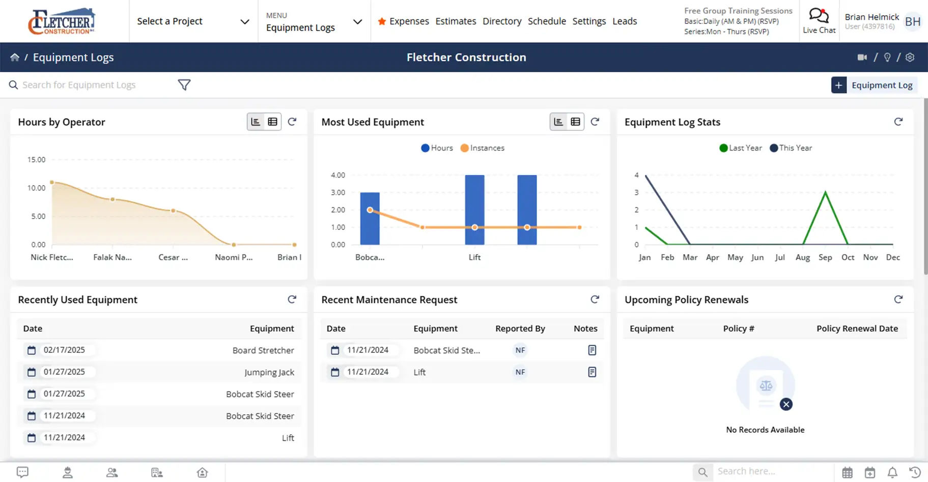 Contractor Foreman equipment logs screen