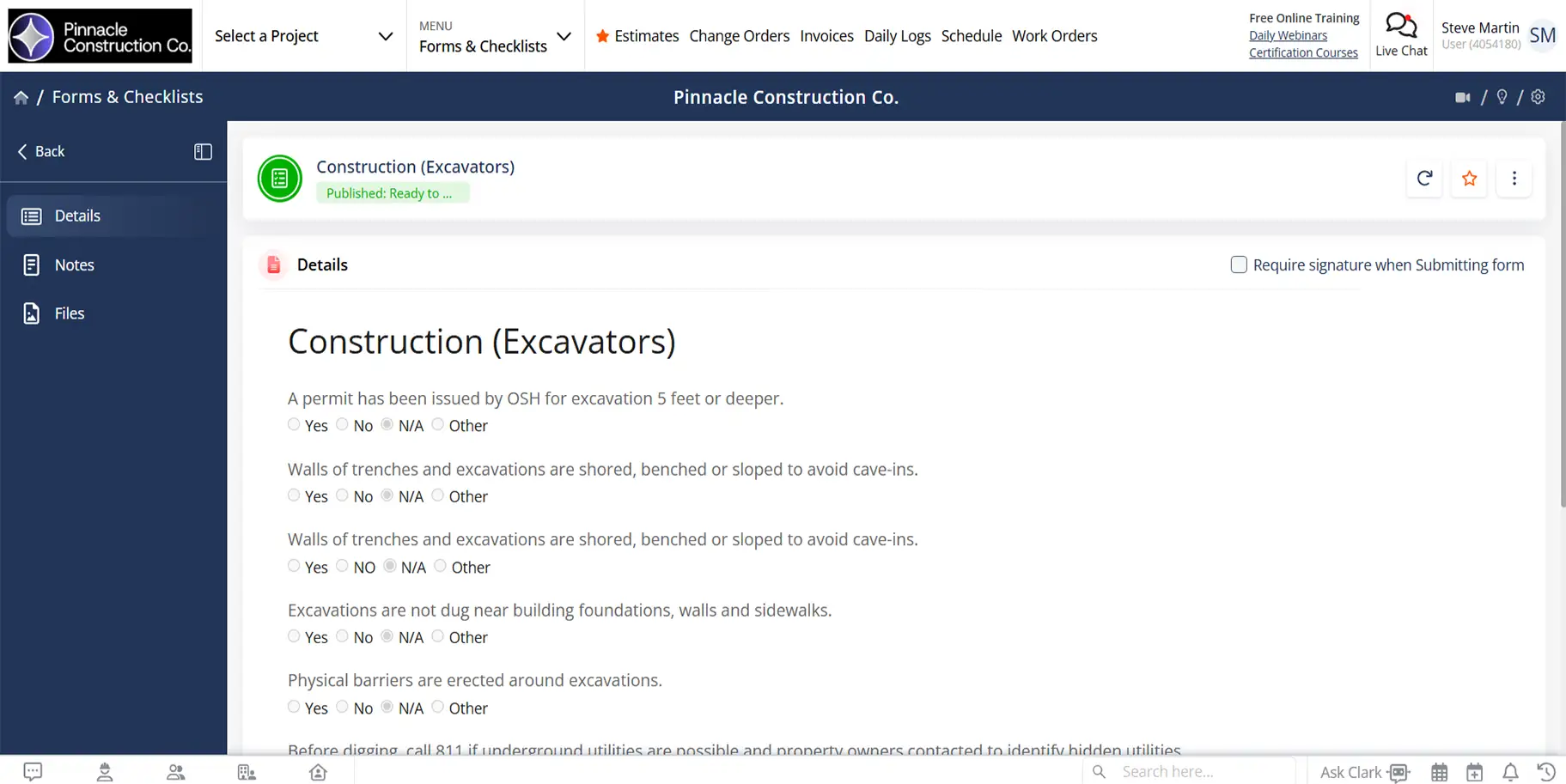 Contractor Foreman document management screen