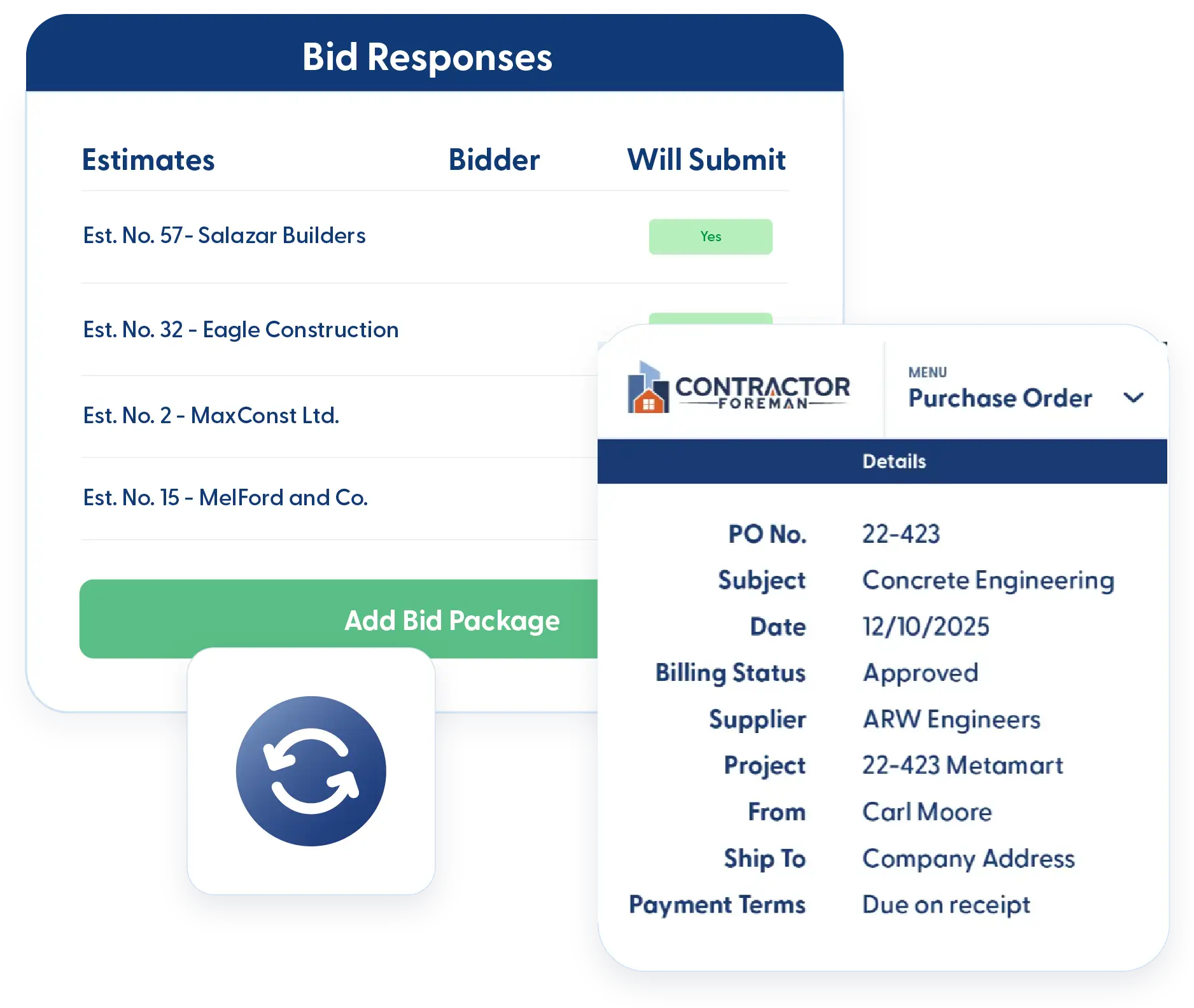 Bid management screen with vendor selection in Contractor Foreman
