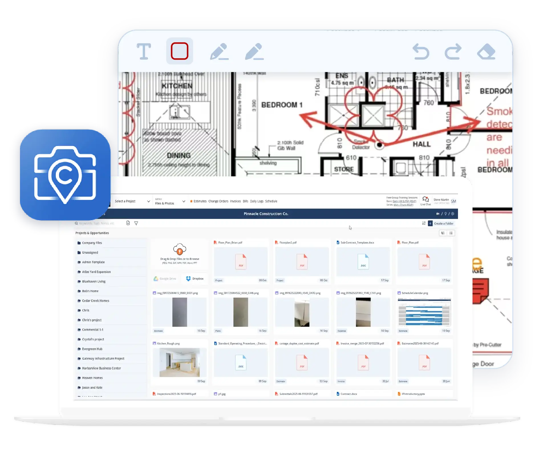 Jobsite photos synced from CompanyCam alongside a floor plan
