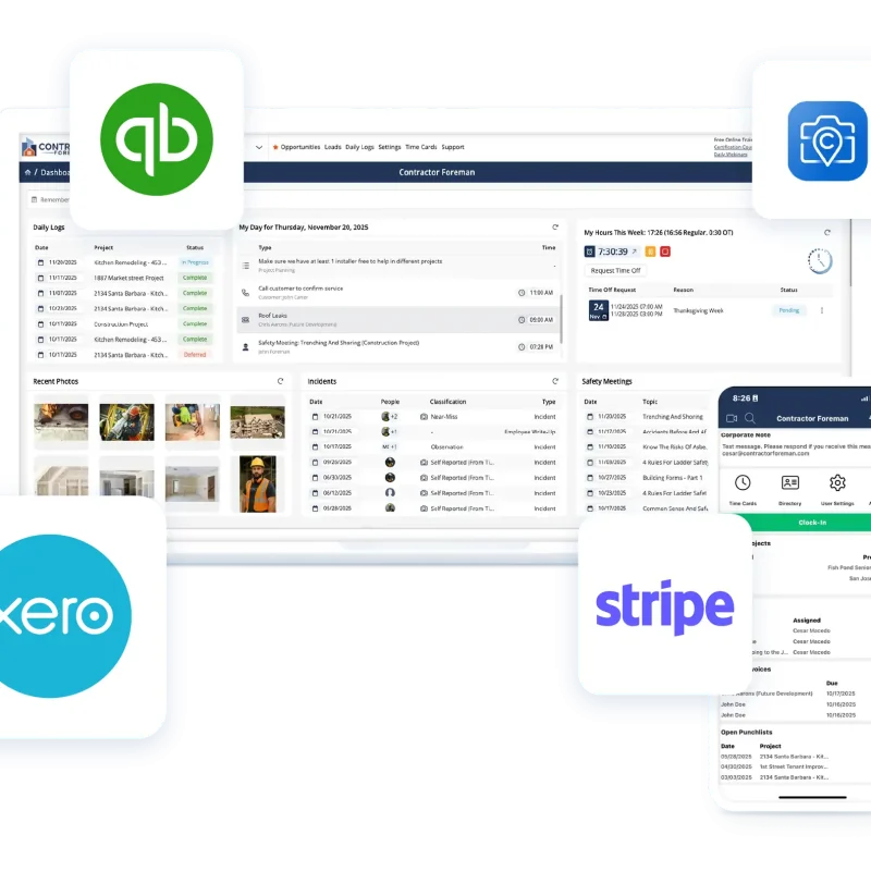 Contractor Foreman integrations including Xero and Stripe