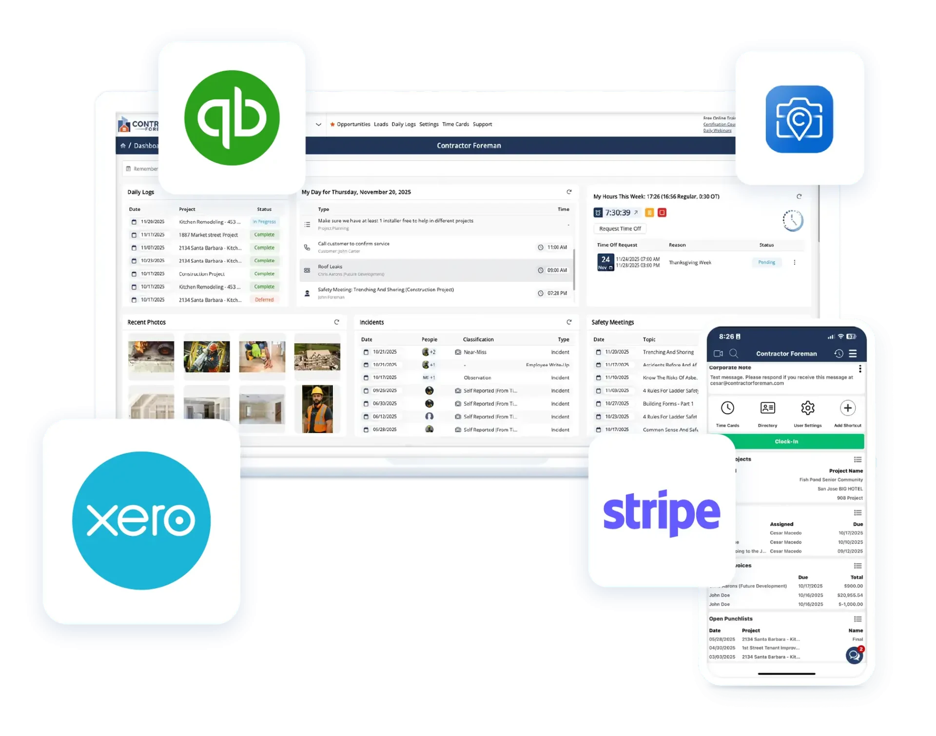Contractor Foreman integrations including Xero and Stripe
