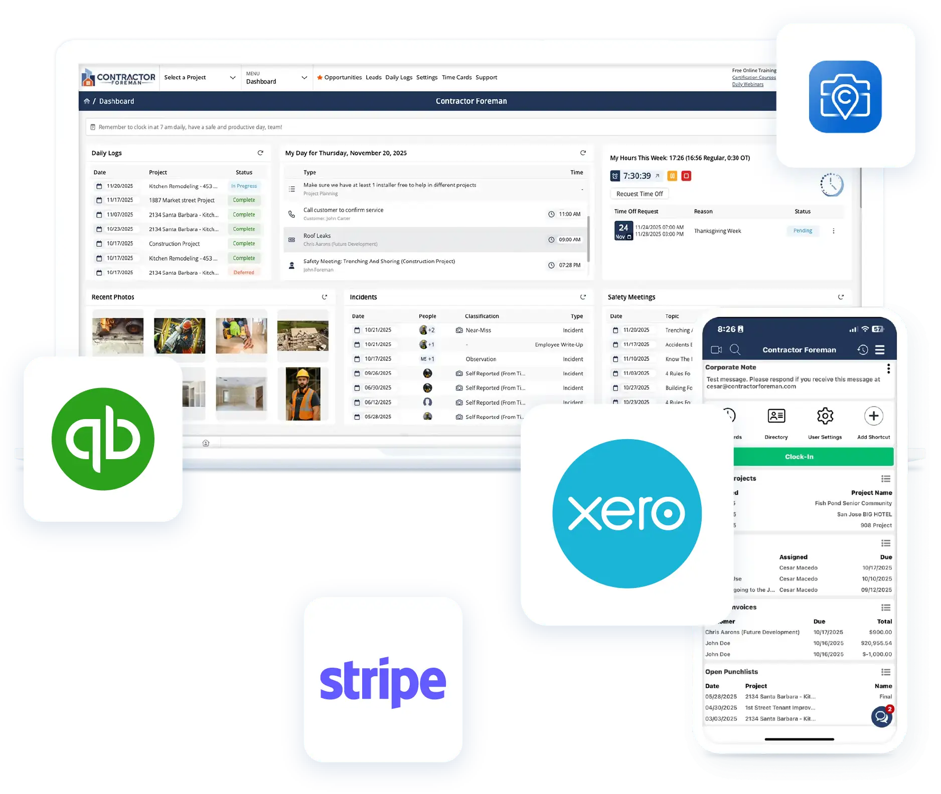 Accounting and payment integrations connected to Contractor Foreman