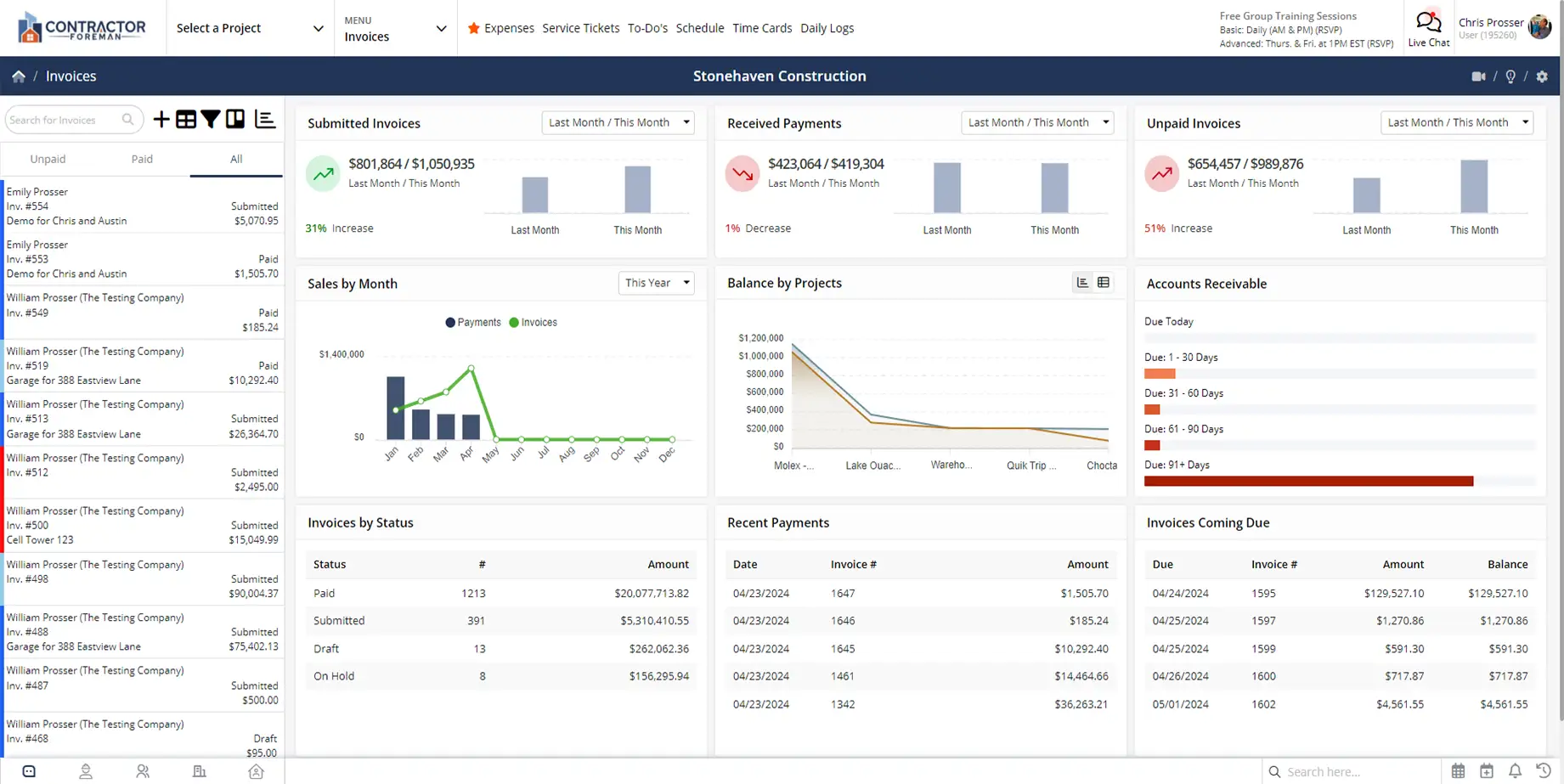 Contractor Foreman invoices screen