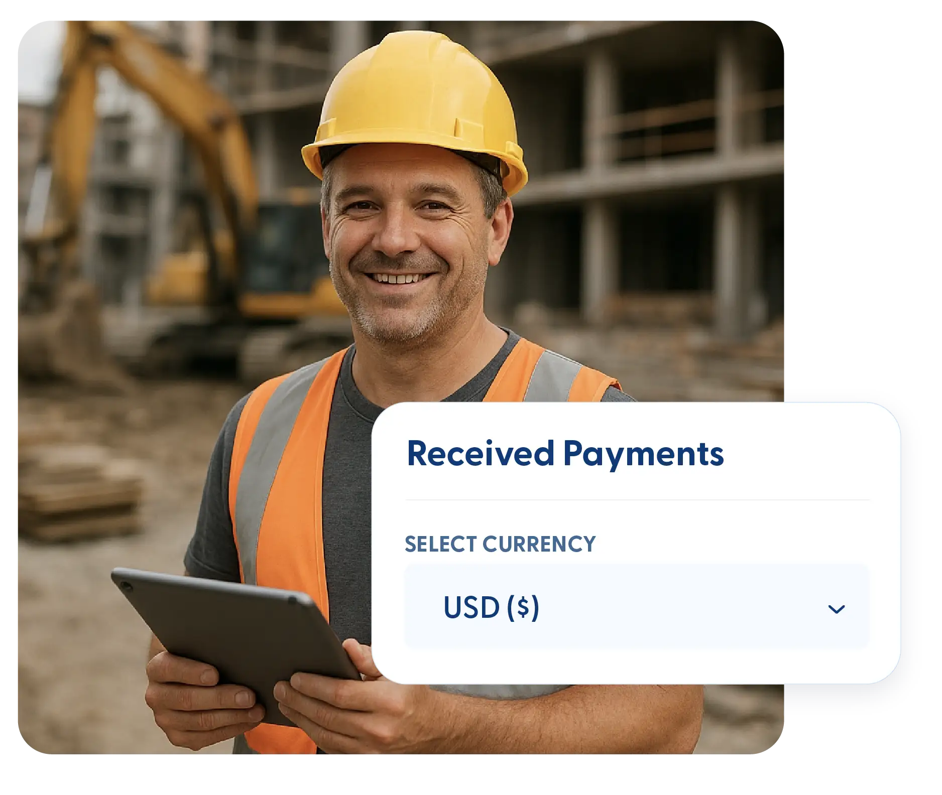 Contractor in a hard hat with a currency selector for receiving payments
