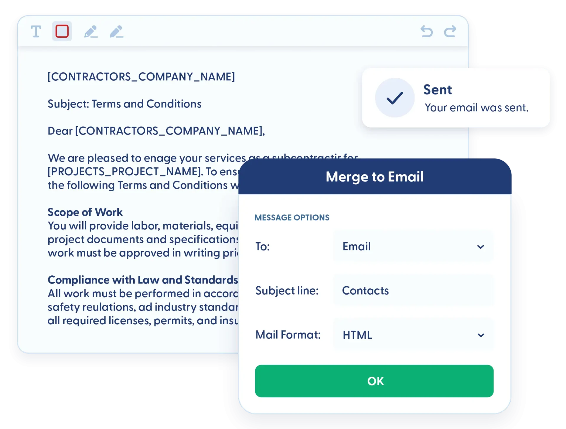 Mail merge tool for sending construction documents