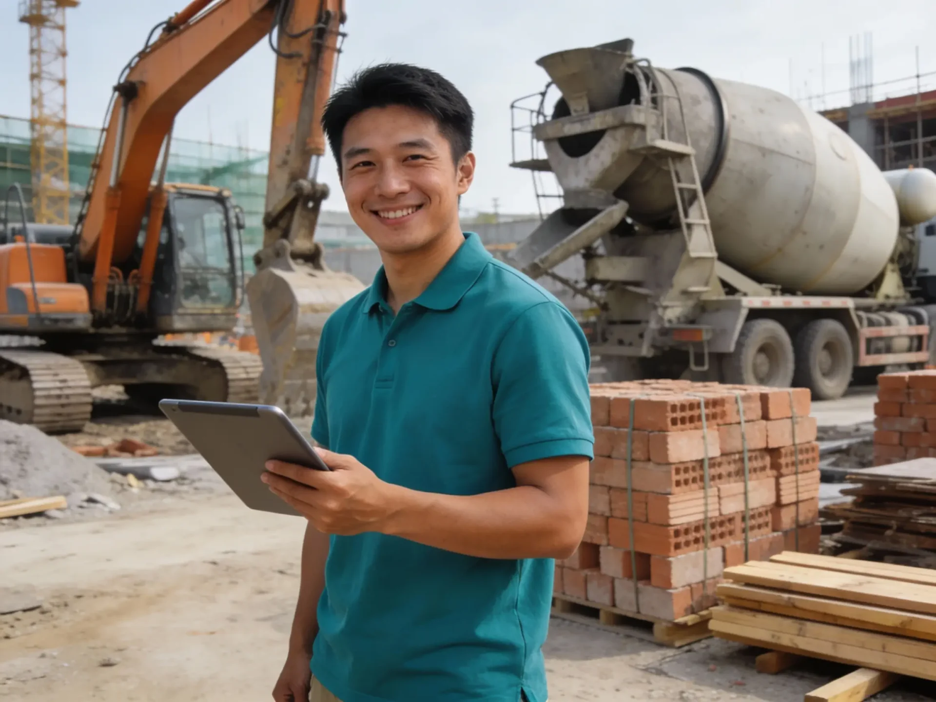 Contractor smiling on site beside a cement mixer
