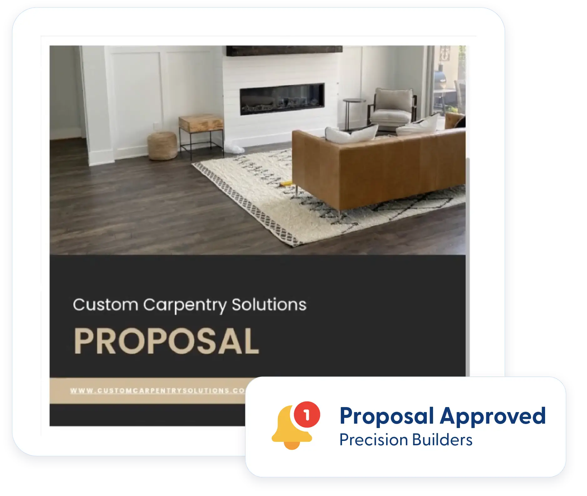 Proposal approved notification over a finished kitchen