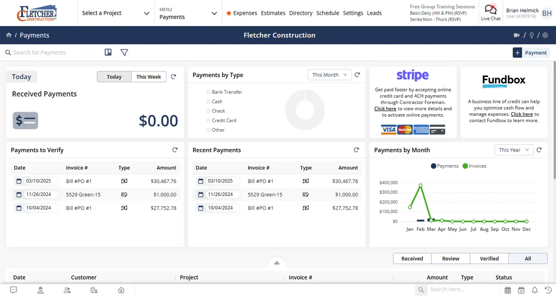 Contractor Foreman payments screen