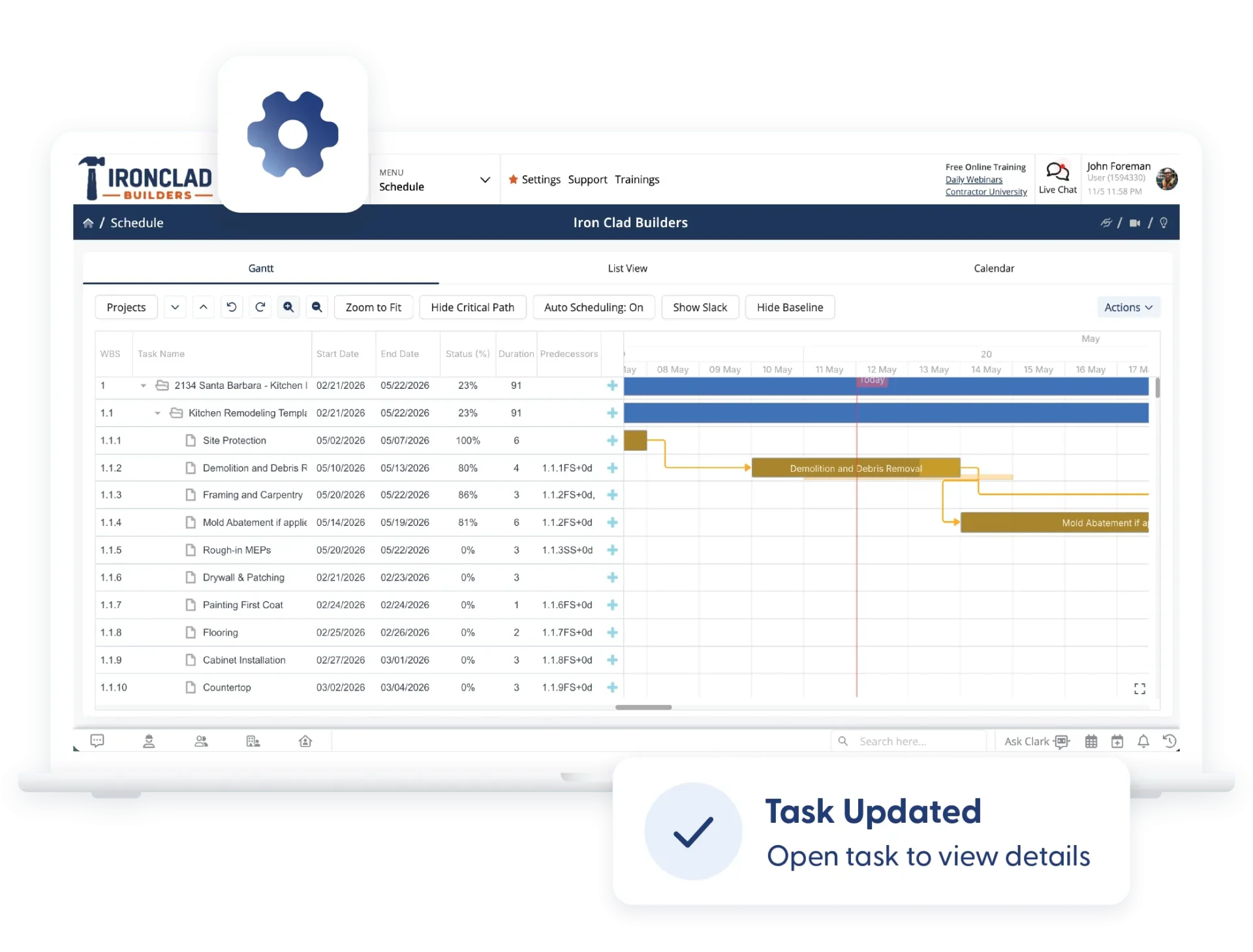 Percentage complete tracking on construction tasks
