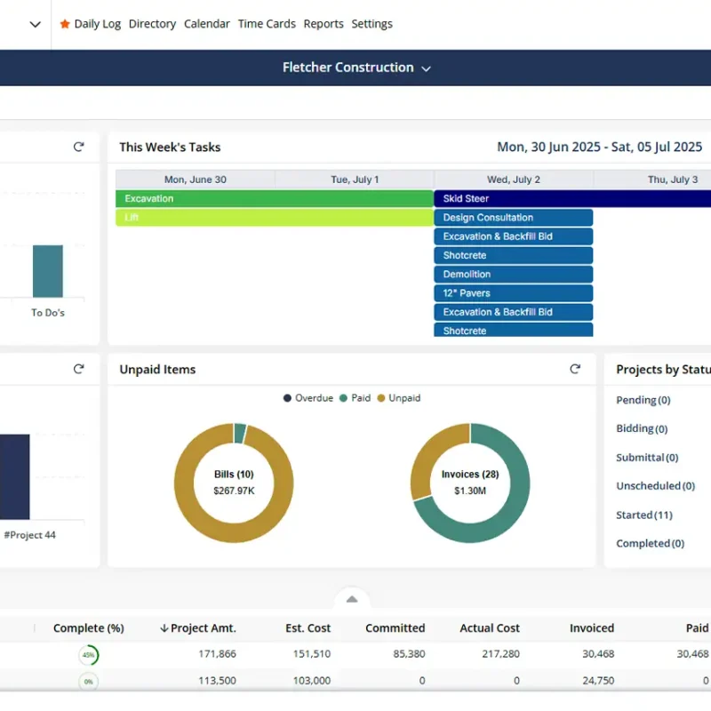 Project dashboard with budget charts and progress bars