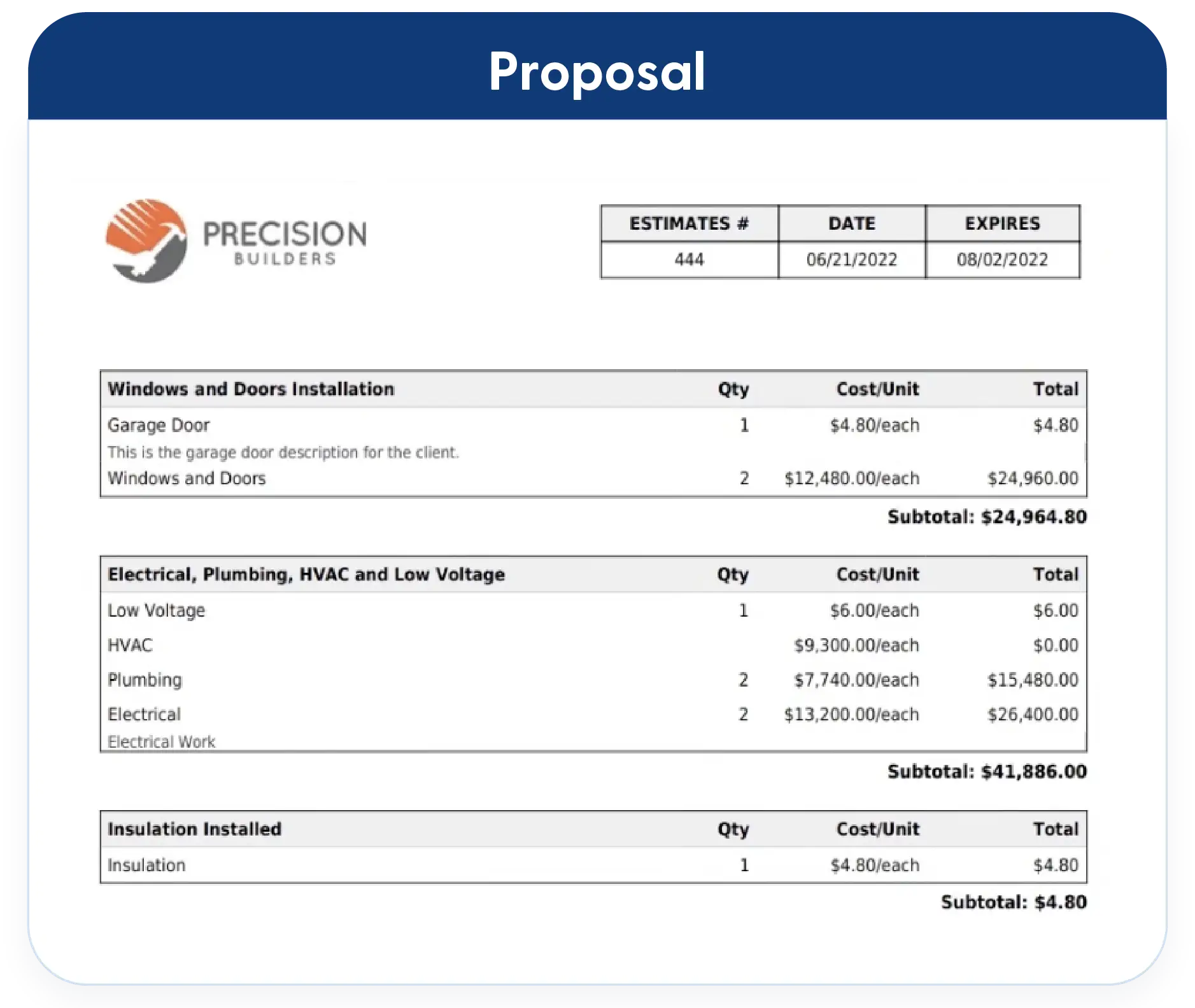 Construction proposal document in Contractor Foreman